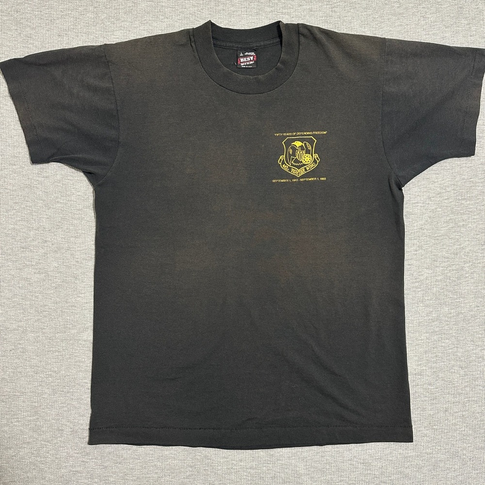 Vintage 1993 142 Fighter Wing 50th Anniversary Graphic Tee USA Faded Black Large